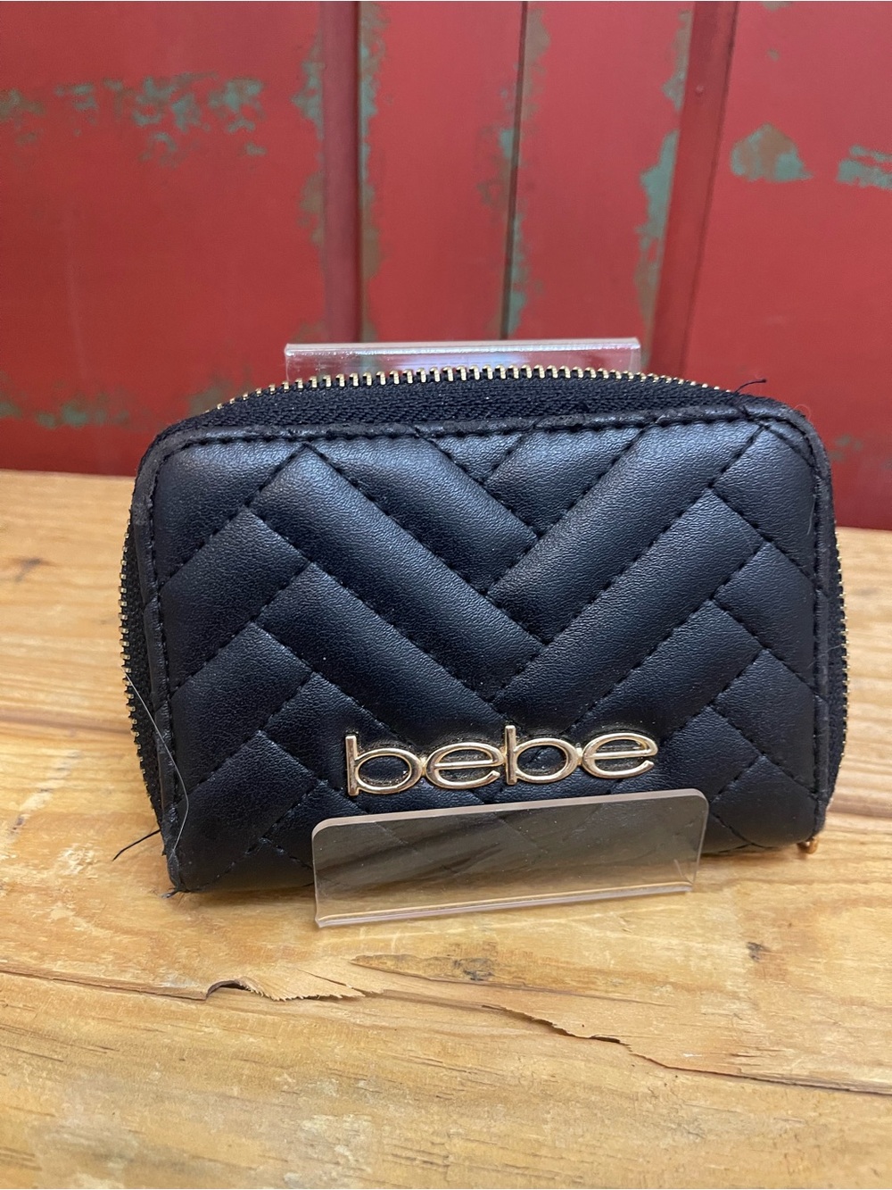 Bebe Black Quilted Zip Around Small Wallet Card Case Gold Logo